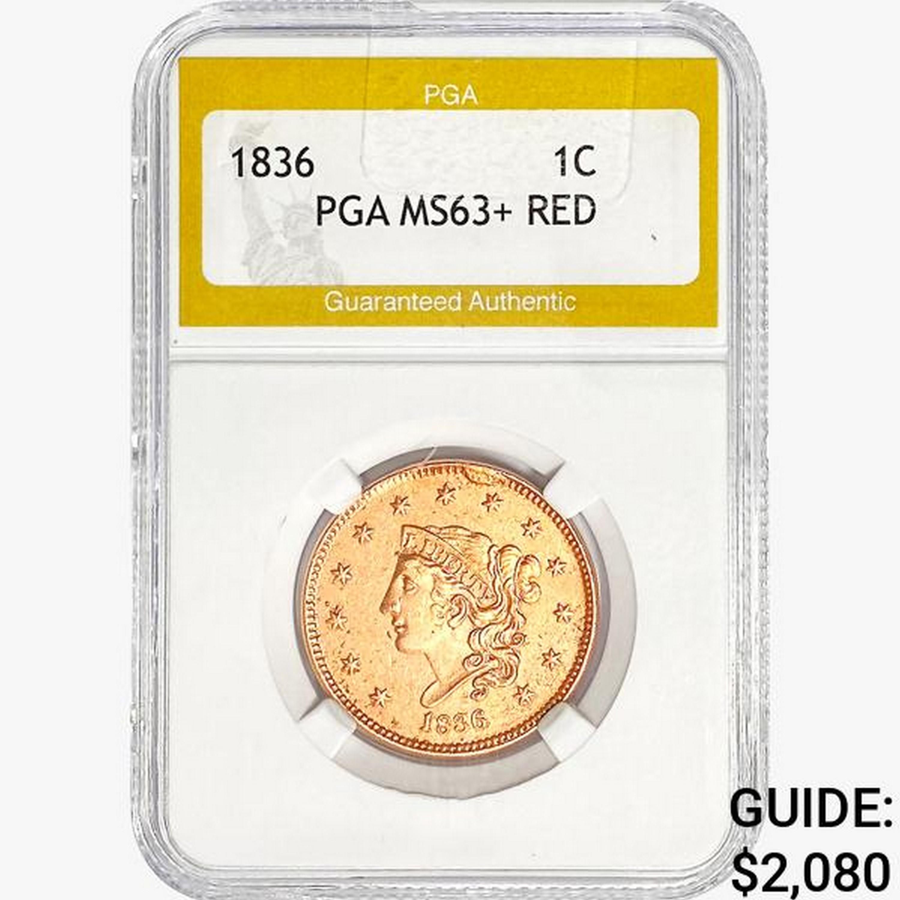 1836 Coronet Head Large Cent PGA MS63+ RED