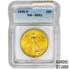 1909/8 $20 Gold Double Eagle ICG MS61