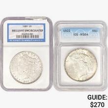 1889&1922 [2] US Silver Dollars NGC/ICG