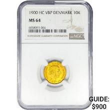 1900 .1296oz. Gold HC VBP Denmark 10 Kroner NGC MS