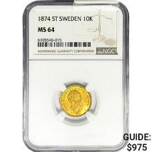 1874 .1296oz. Gold ST Sweden 10 Kroner NGC MS64