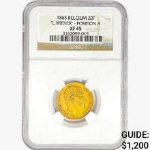 1865 .1867oz. Gold Belgium 20 Francs NGC XF45 L.Wi