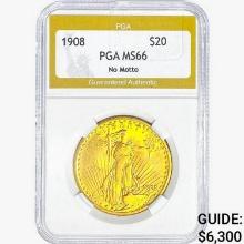 1908 $20 Gold Double Eagle PGA MS66 No Motto