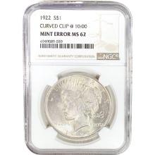 1922 Silver Peace Dollar NGC MS62 Curved Clip @10: