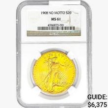 1908 $20 Gold Double Eagle NGC MS61 No Motto