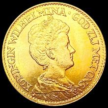 1912 Netherlands .1947oz Gold 10 Gulden CHOICE AU
