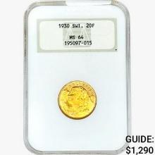1930 .1867oz. Gold Switzerland 20 Francs NGC MS64