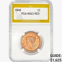 1848 Braided Hair Large Cent PGA MS63 RED