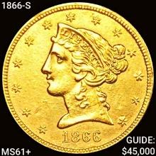 1866-S $5 Gold Half Eagle CLOSELY UNCIRCULATED