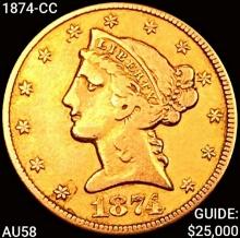 1874-CC $5 Gold Half Eagle CHOICE AU