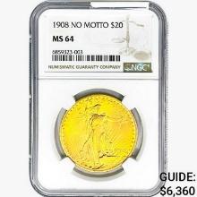 1908 $20 Gold Double Eagle NGC MS64 No Motto