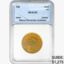 1838 Coronet Head Large Cent NNC MS64 BR