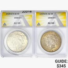1928&1934 [2] Silver Peace Dollar ANACS AU55