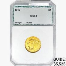 1910 $5 Gold Half Eagle PCI MS64