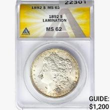 1892 Morgan Silver Dollar ANACS MS62 Lamination