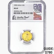1993 $5 1/10oz. Gold Eagle NGC MS69 Signed Frost