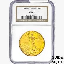 1908 $20 Gold Double Eagle NGC MS62 No Motto