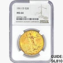 1911-D $20 Gold Double Eagle NGC MS64