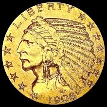 1908-D $5 Gold Half Eagle LIGHTLY CIRCULATED