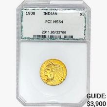 1908 $5 Gold Half Eagle PCI MS64