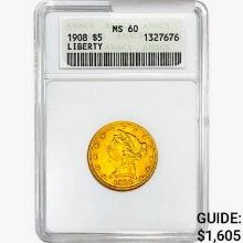 1908 $5 Gold Half Eagle ANACS MS60 Liberty