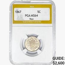 1867 Shield Nickel PGA MS64 Rays