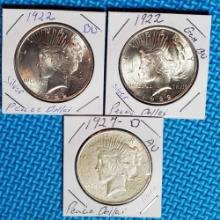 3 US Silver Peace Dollars - 2 BU 1922 and 1927-D