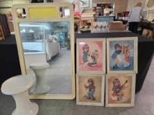 1970's Wall Mirror, Set of 4 Eve Big Eyed Children Prints, & Plastic Stool
