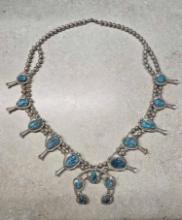 Vintage Sterling Silver and Turquoise Native American Squash Blossom Necklace