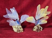 Beautiful Pair of Hand Blown Art Glass Fish On Natural Design Crystal Bases