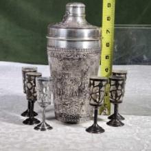Barbour Silver Plate Co. Tavern Scene Cocktail Shaker And 6 Silver Overlay Cordial Glasses