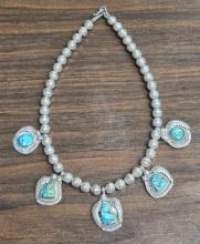 Native American Sterling Silver Turquoise Beaded Necklace