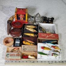 Tray Lot of Vintage Fishing Lures, Table Lighter and More