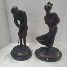 Pair Of Vintage J Daste Bronzes His And Her Golfers On Black Marble Bases