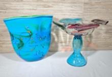 Large Art Glass Vase & Footed Center Compote