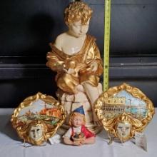 Florentine Gilt 24" Chalk Statue, wall plaque and 2 Hand Painted Canal Scene Masks