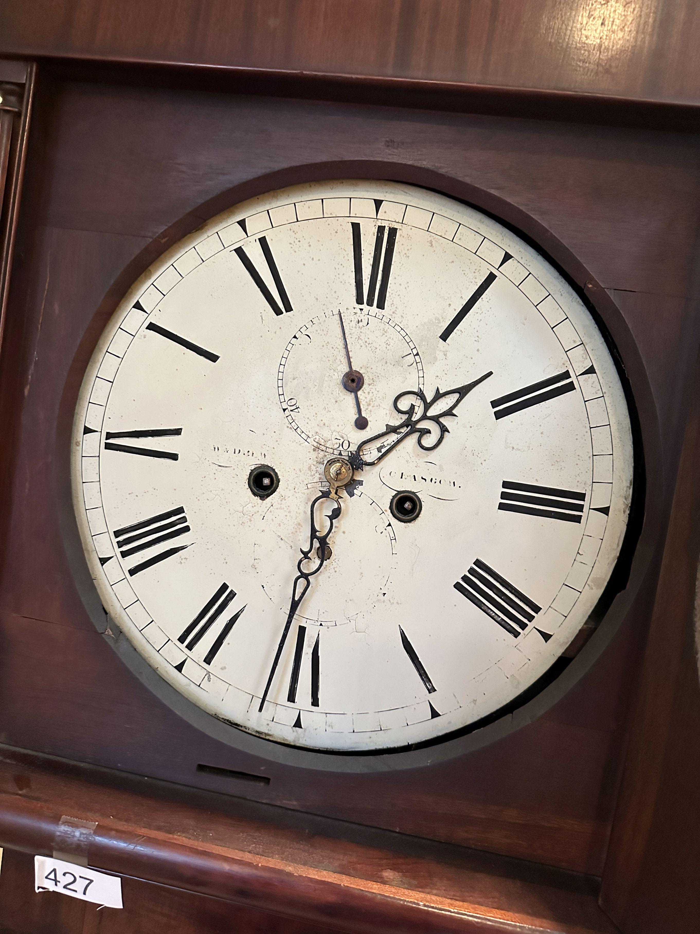 Antique Mahogany Scottish Grandfather Clock/Round Enamel Diel, Wm. Drew, Glasgow (Local Pick Up Only
