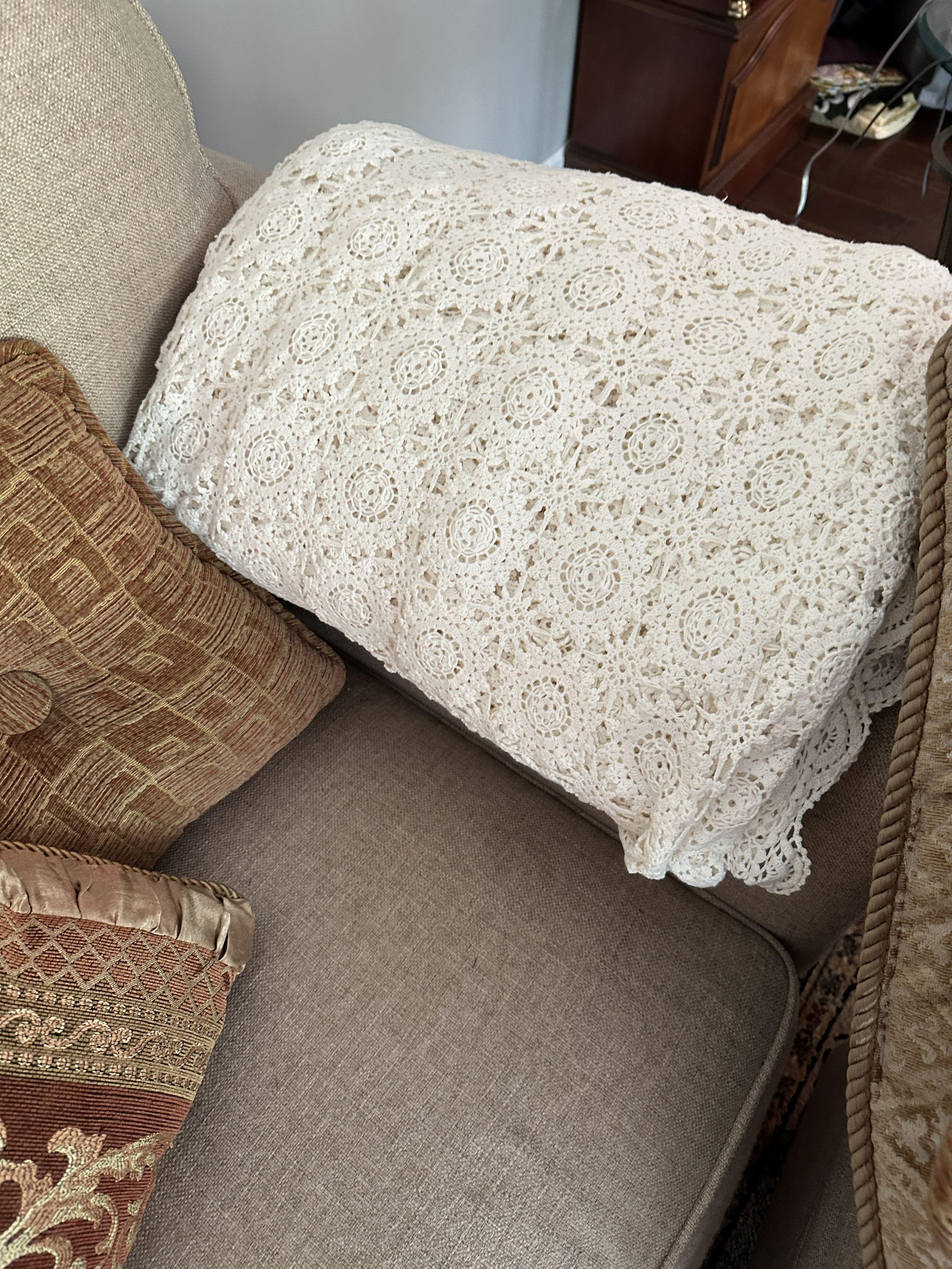 Beige Nailhead Trim Club Chair with Ottoman with Pillows, ETC (Local Pick Up Only)