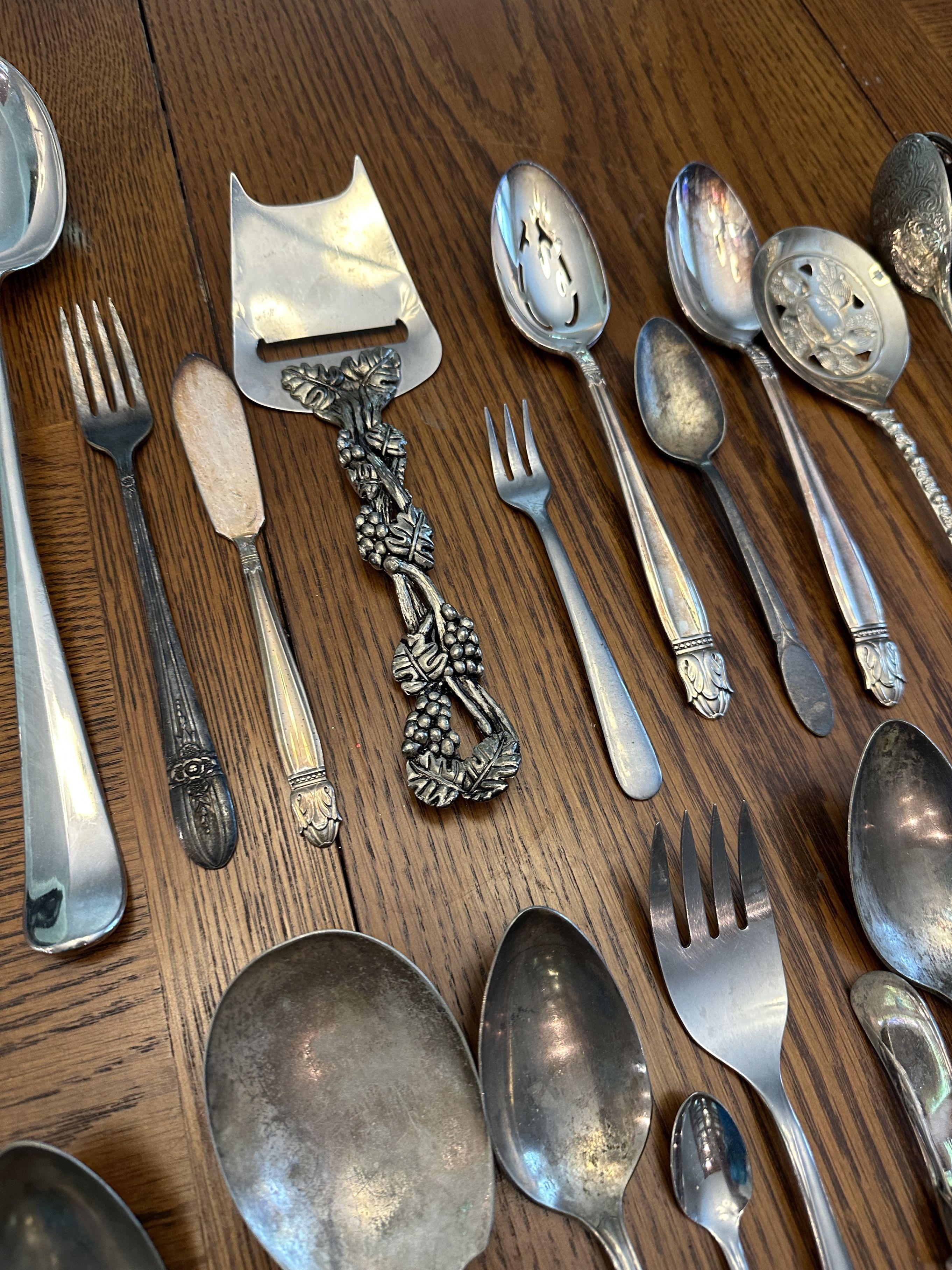 Box Lot/Various Serving Pieces (Silver Plated?), Flatware, ETC