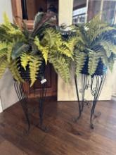 (2) Rattan and Metal Planter Stands with Plants (Local Pick Up Only)