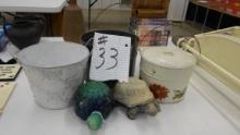 garden decor, turtle figure and candle and 3 metal bucket/planters