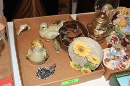 3 Box Lots- Candle Holders, Oil Lamp, Music Box, Water Globe