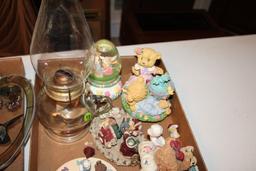 3 Box Lots- Candle Holders, Oil Lamp, Music Box, Water Globe