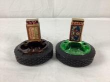 Two 1920's Green and Amber Glass Tire Ashtrays w/ Match Holder