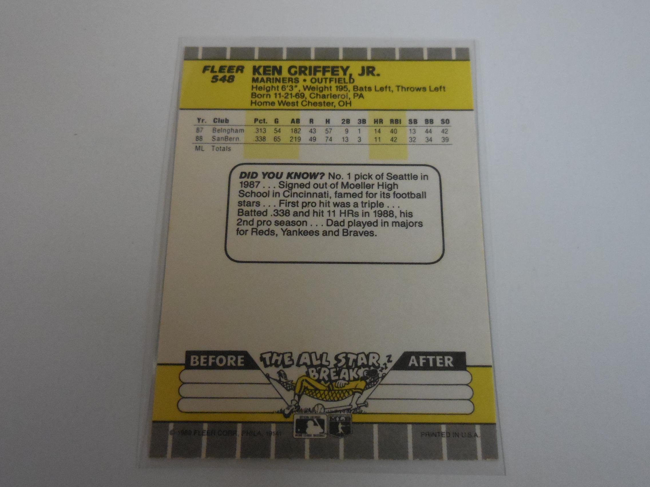 1989 FLEER BASEBALL #548 KEN GRIFFEY JR ROOKIE CARD MARINERS HOF RC