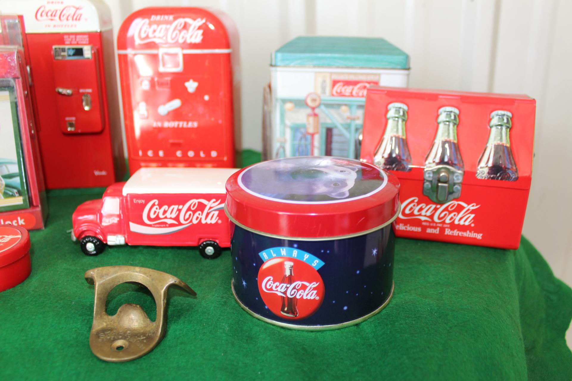 (14) Coca Cola memorabilia pieces, mug, truck, clock,