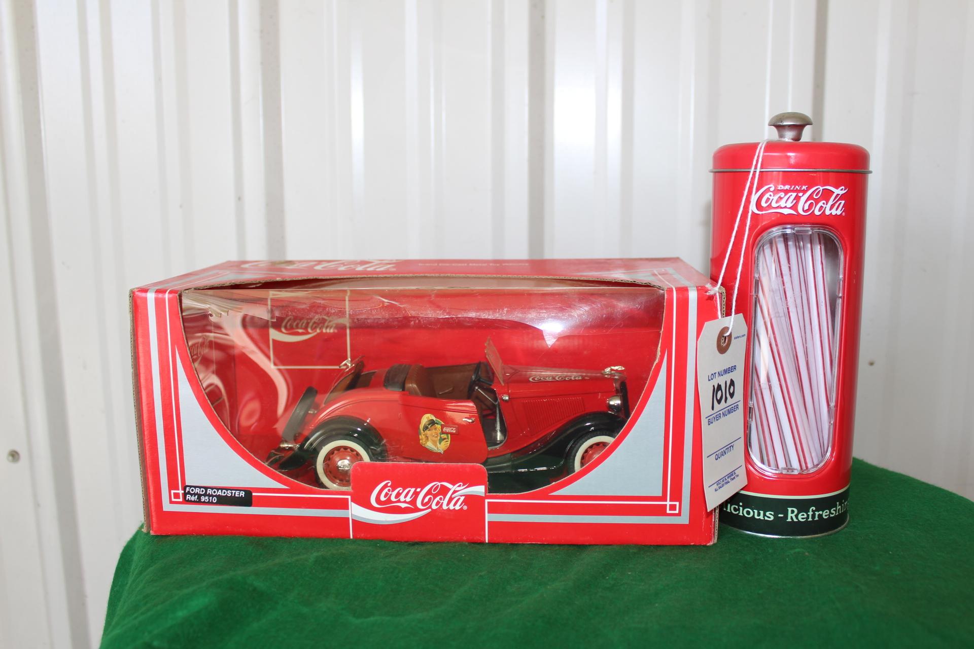 Cocal Cola replica car and canister with straws