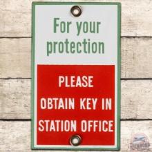 NOS Associated Obtain Key in Station Office SS Porcelain Door Push Sign