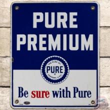 1950 Pure Premium SS Porcelain Gas Pump Plate Sign w/ Logo