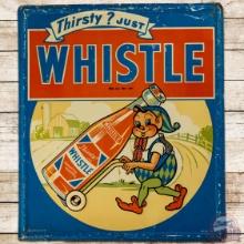 1948 Thirsty? Just Whistle Emb. SS Tin Sign w/ Elf & Bottle